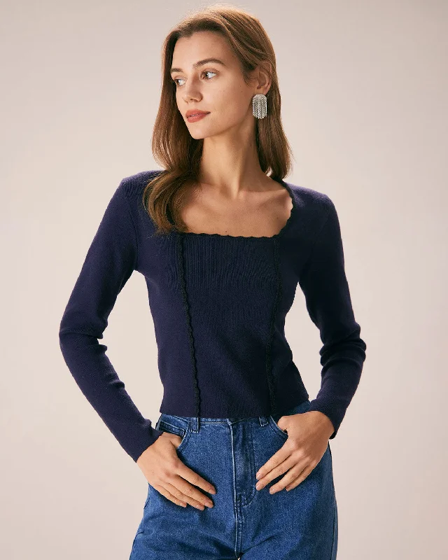 Sweaters recycle chic-Women's Navy Square Neck Slim Knitted Sweater