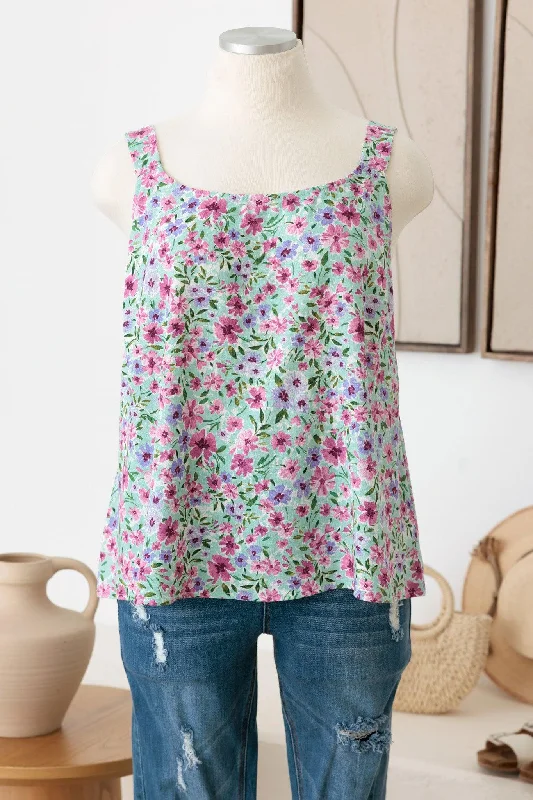 Alive Tops-Plus Size Criss Cross Back Tie Sleeveless Floral Top