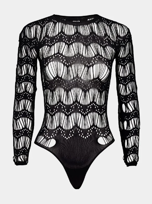 Women's clothing affordable luxe-Black Ladder-Knit Bodysuit