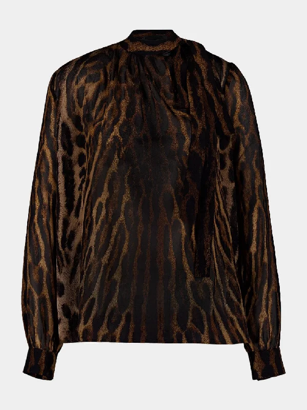 Women's clothing printed tops-Leopard Print Silk Blouse