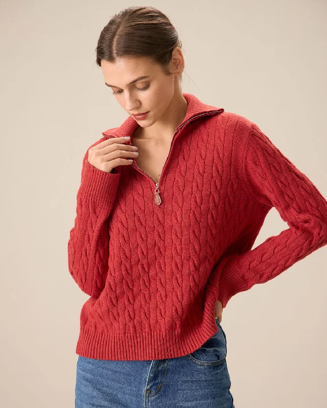 Sweaters hybrid knit-Red Lapel Zipper Sweater