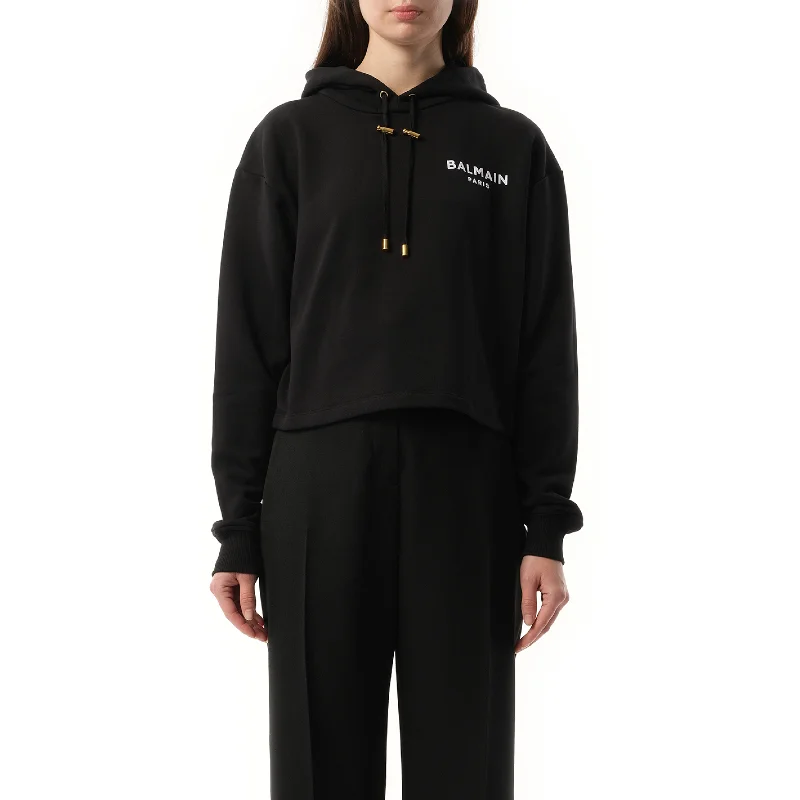 Modeling hoodies & sweatshirts-Balmain Flock Detail Cropped Hoodie in Black/White