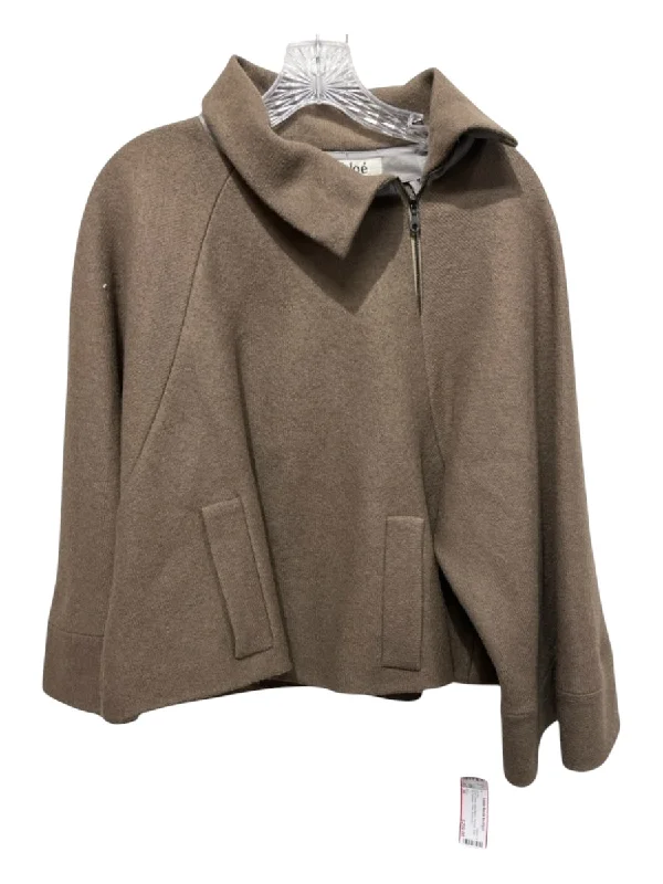 Jackets budget pick-Chloe Size 36 Olive Green Wool Blend Poncho Side Zip Pockets Collar Jacket