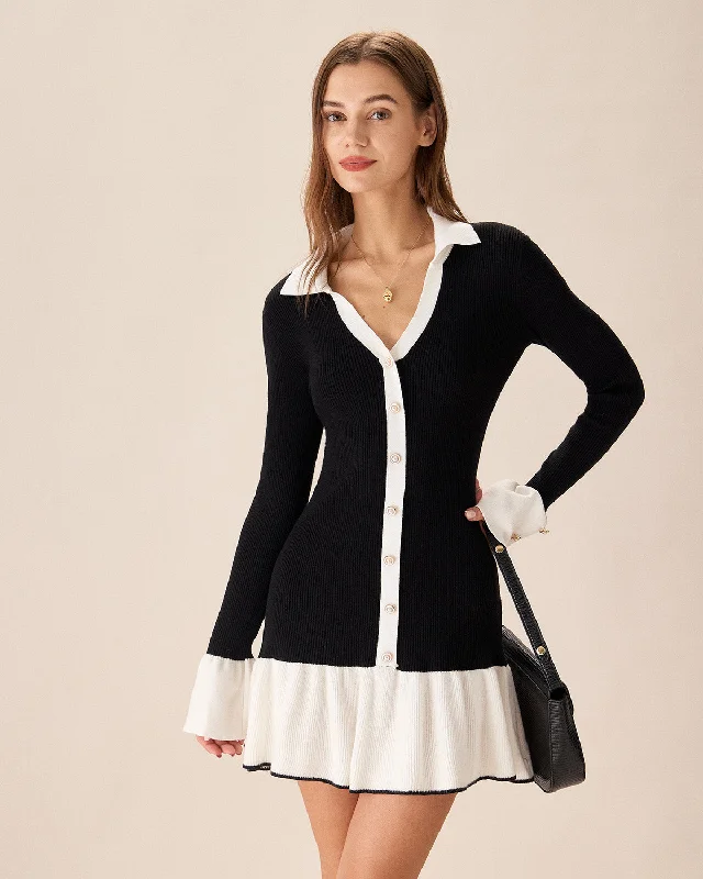 Sweaters compact size-Black Contrasting Bell Sleeve Sweater Dress