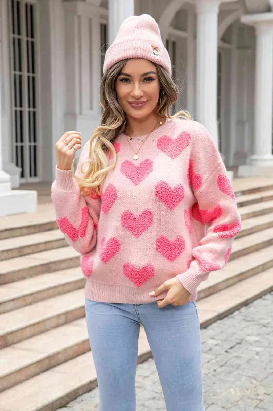 Sweaters teen fashion-Round Neck Dropped Shoulder Heart Sweater