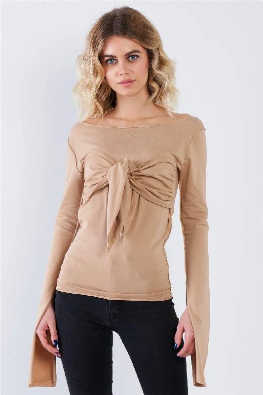 Student Tops-Tan Long Sleeve Front Tie Top