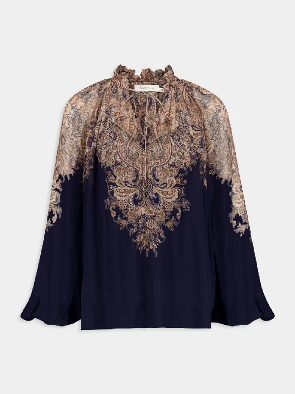 Women's clothing corporate-Navy Paisley Billow Blouse