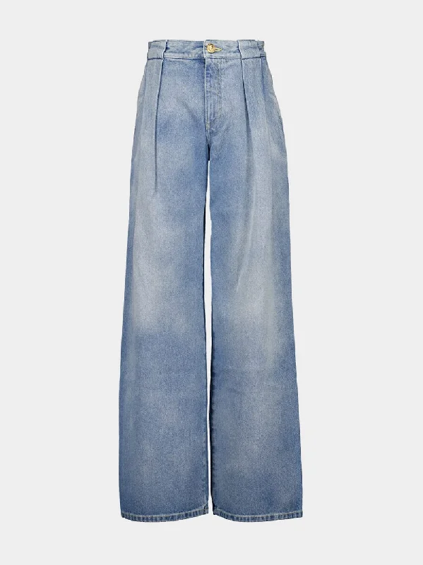 Women's clothing standout-Blue Pleated High-Waisted Jeans