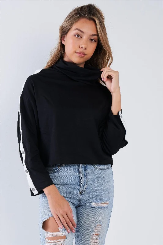 Health Tops-Black Long Sleeve Turtle Neck Shoulder Snap Detail Top