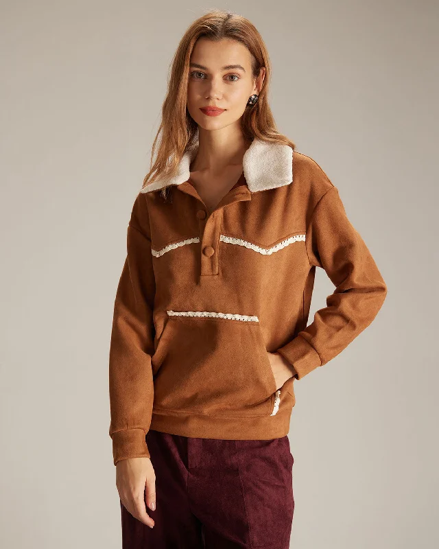 Long hoodies & sweatshirts-The Brown Lapel Button Suede Sweatshirt