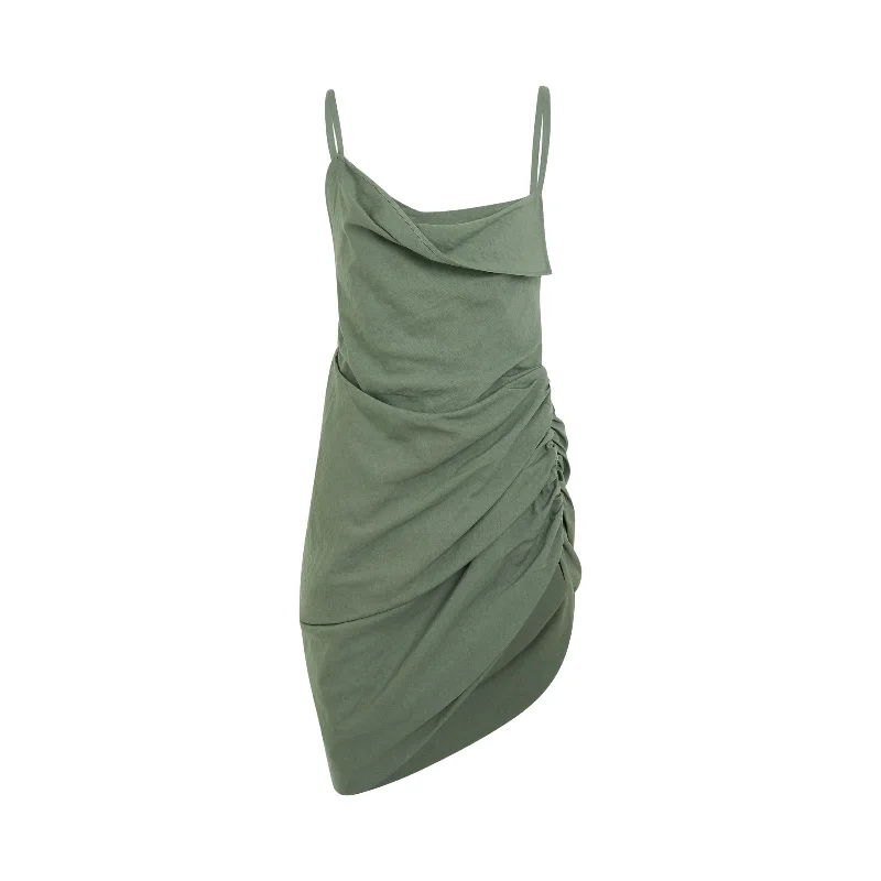 Striking bold dresses-Saudade Asymmetric Draped mini Dress in Khaki