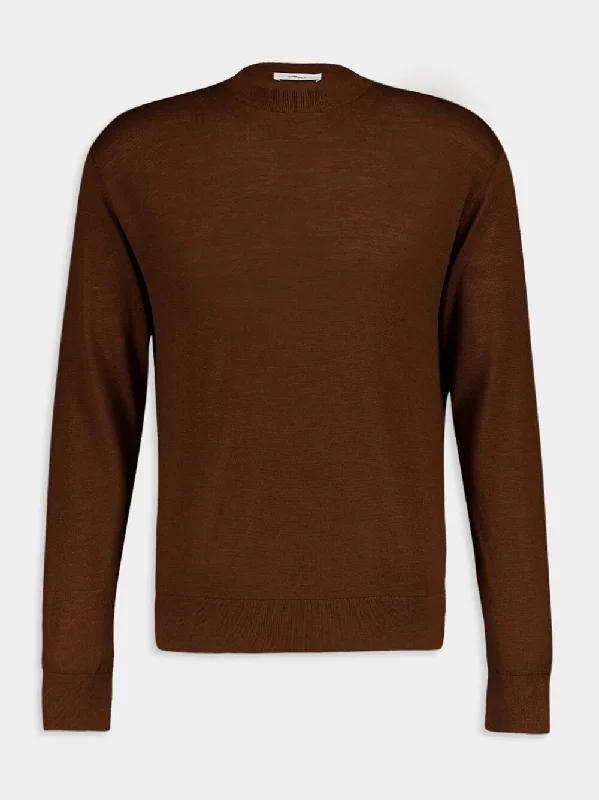 Women's clothing travel essentials-Brown Merino Wool Jumper