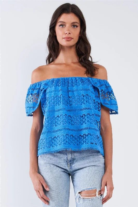 Artist Tops-Blue Crochet Off-The-Shoulder Angel Wing Mini Sleeve Multi Pattern Lined Top