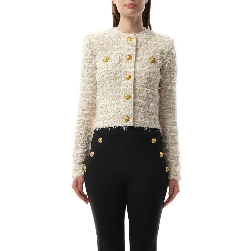 Jackets egg twist-2 Pockets Buttoned Tweed Knit Crop Jacket in White/Gold