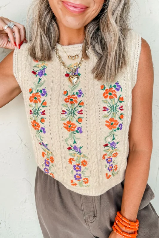 Sweaters no hassle-Embroidered Cable-Knit Round Neck Sweater Vest