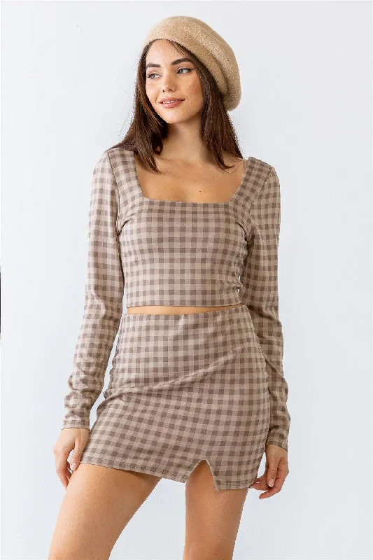 Hip-Hop Tops-Plaid Print Square Neck Crop Top & High Waist Mini Skirt Set