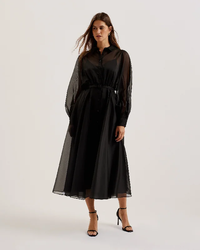 Formal silk dresses-Gibara Sheer Organza Shirt Maxi Dress Black