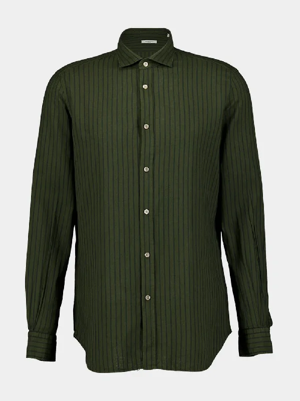 Women's clothing affordable luxe-Green Striped Linen Shirt