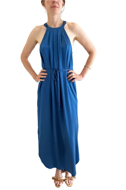 Silver shine dresses-Go Silk Go Draped Over Halter Dress in Cornflower