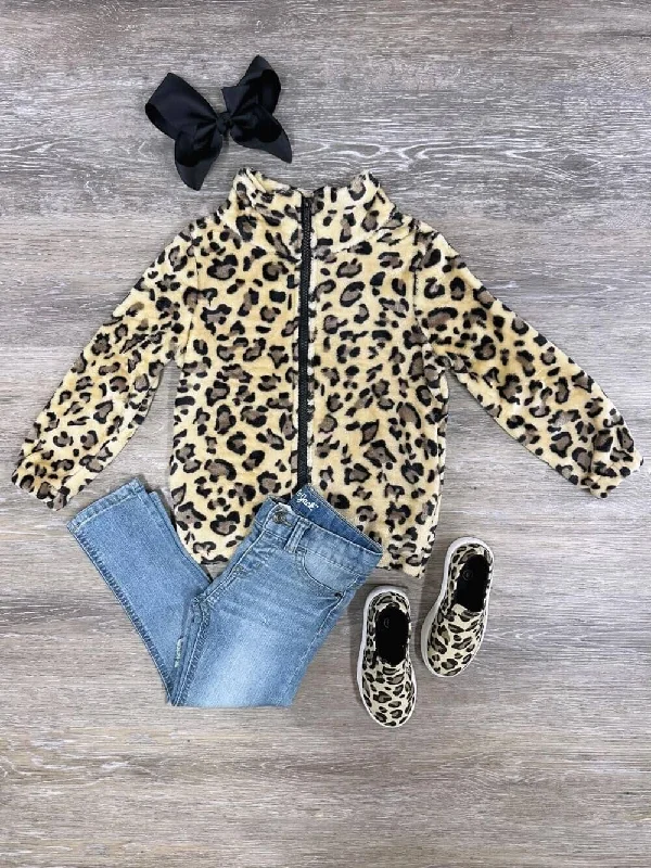 Jackets tang chic-Cheetah Sherpa Zip Up Girls Jacket