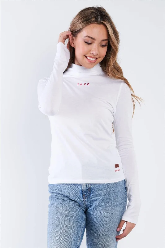 Vegan Tops-White Long Sleeve "LOVE" Turtleneck Top