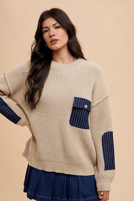 Sweaters cool comfort-Annie Wear Contrast Round Neck Drop Shoulder Sweater with Patch Pocket