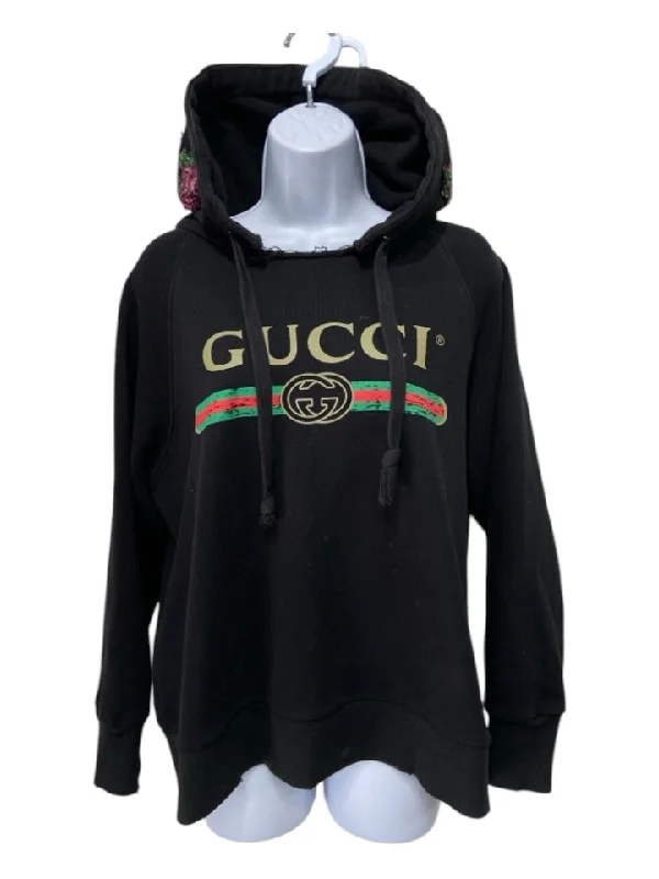 Mid-layer hoodies & sweatshirts-Gucci Size M Black Green Red Polyamide Hood Long Sleeve Gucci logo Sweatshirt