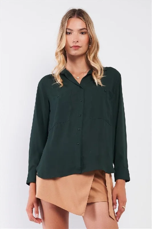 Jazz Tops-Dark Green Long Sleeve Button Down Two Front Pockets Side Slit Shirt Top