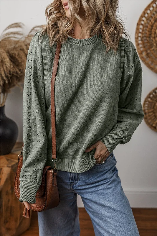 Sweaters plush touch-Eyelet Round Neck Long Sleeve Sweatshirt