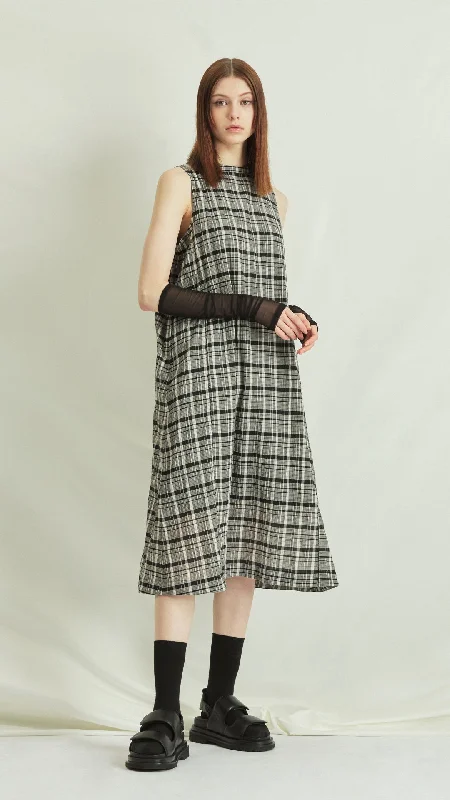 Halter silk dresses-Checked Sleeveless Dress