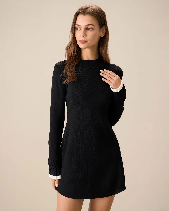 Sweaters portable glow-Black Contrasting Long Sleeve Sweater Mini Dress