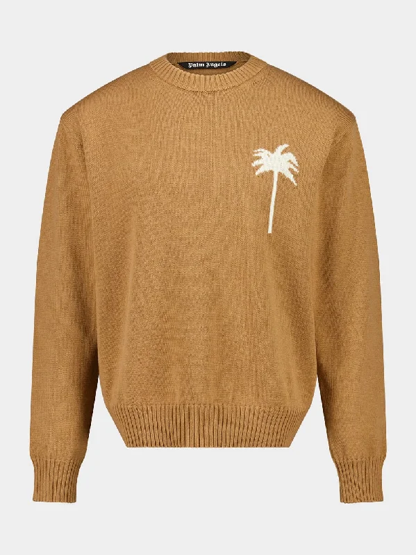 Women's clothing runway-Camel Palm Tree Intarsia Crewneck Jumper