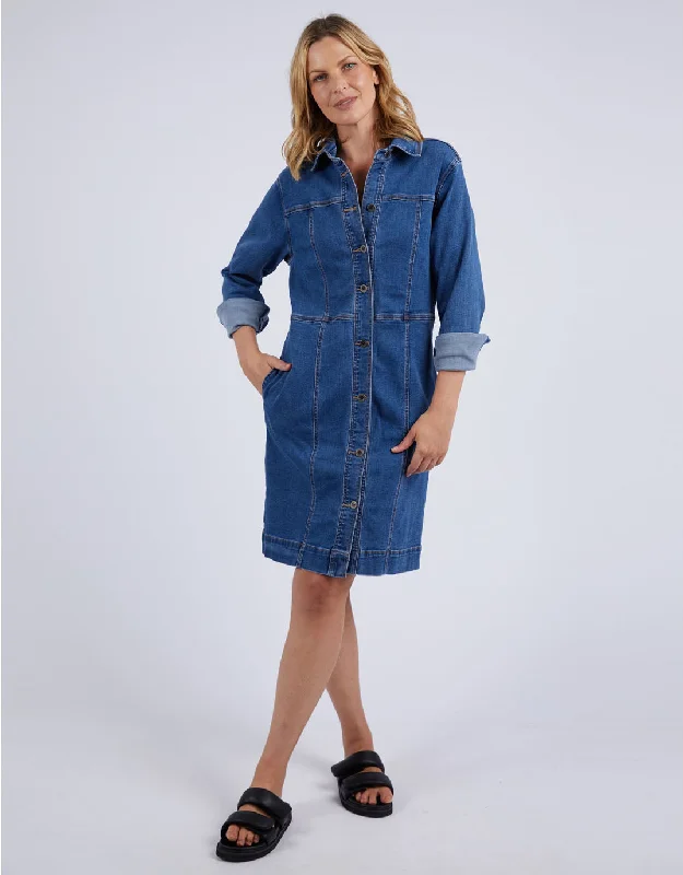 Office sleek dresses-Gwen Long Sleeve Denim Dress - Mid Blue Wash