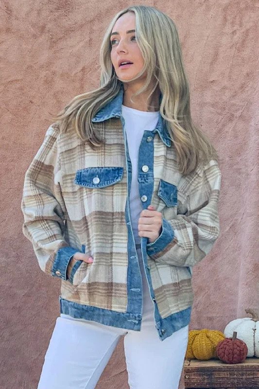 Jackets burg style-And The Why Full Size Washed Denim Detail Brushed Plaid Jacket