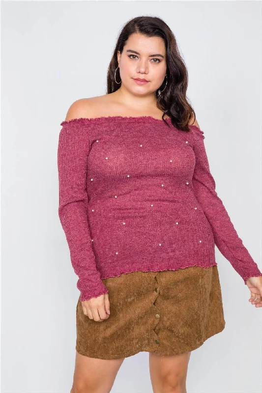 Bright Tops-Plus Size Wine & Pearl Ribbed Off-The-Shoulder Top