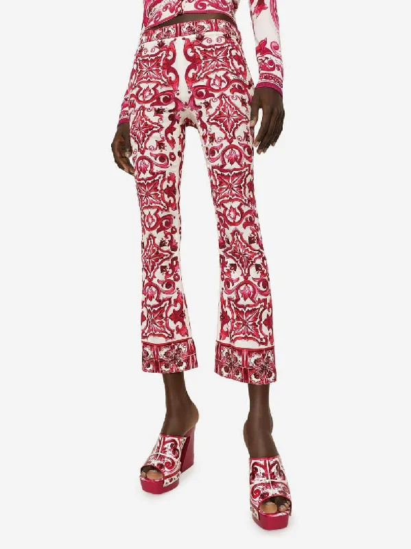 Women's clothing printed tops-Majolica-Print Cropped Trousers