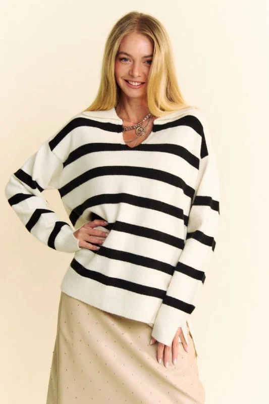 Sweaters party glow-Davi & Dani High-Low Side Slit Striped Johnny Collar Sweater