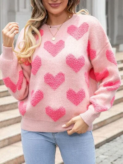 Sweaters affordable luxury-Heart Round Neck Dropped Shoulder Sweater