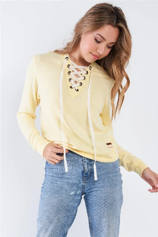 Galaxy Tops-Pale Banana Long Sleeve Lace Up Front Top