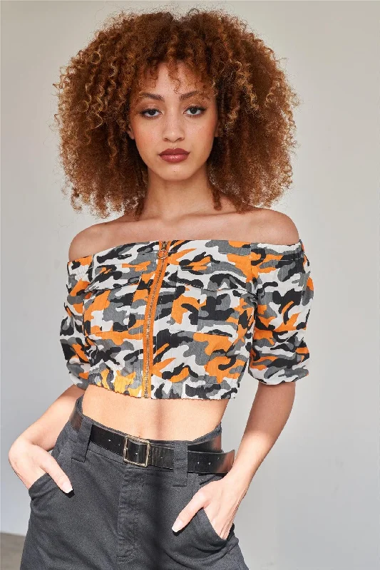 Inspiration Tops-Orange Camo Print Off The Shoulder Cargo Crop Top