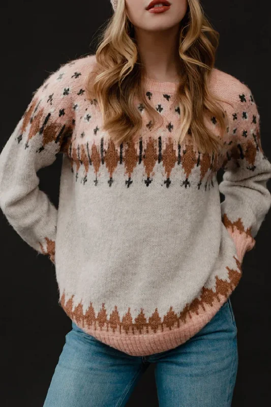 Sweaters style second-Geometric Contrast Round Neck Long Sleeve Sweater