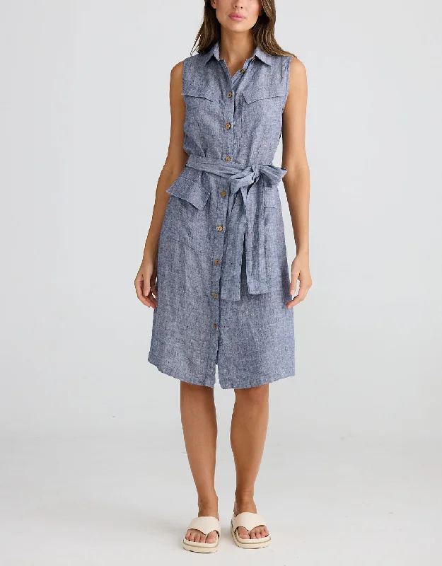 Bright blast dresses-Didi Linen Shirt Dress - Navy Fleck