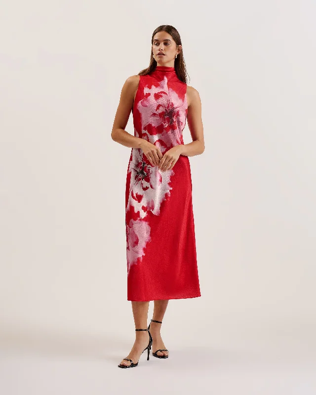 Evening sequined cocktail dresses-Aliara Printed Cowl Neck Midi Slip Dress Red