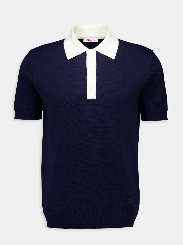 Women's clothing brunch outfit-Navy Wool Polo Shirt with VLogo Embroidery