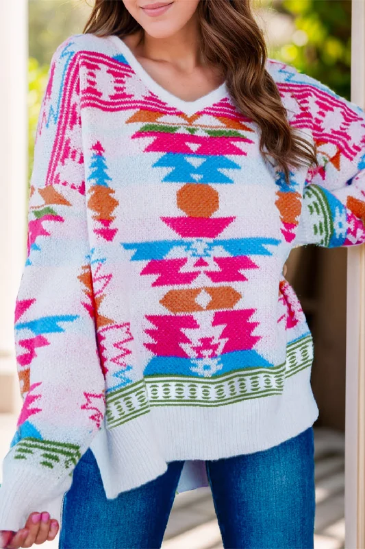 Sweaters ethical wear-Geometric V-Neck Long Sleeve Sweater