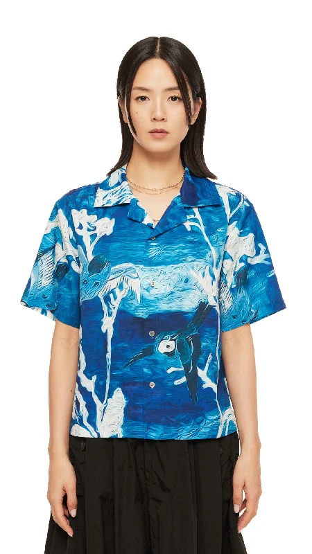 Multicolor burst dresses-Indigo Birds Graphic Shirt Dress