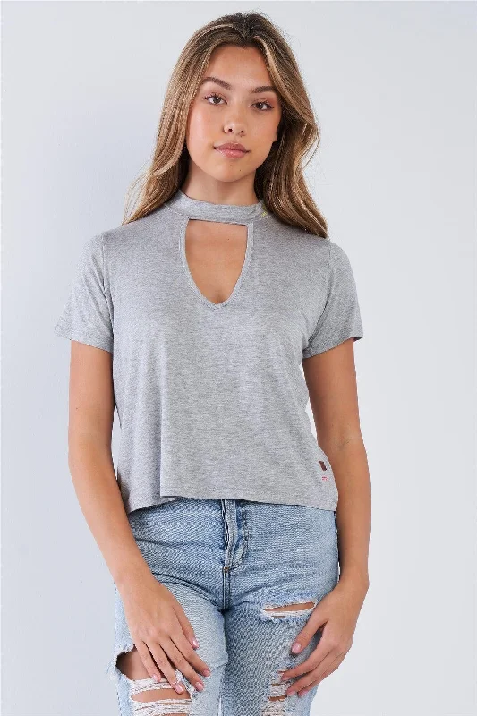 Zodiac Tops-Heather Grey Short Sleeve Open Key Hole "I AM HAPPY" Top