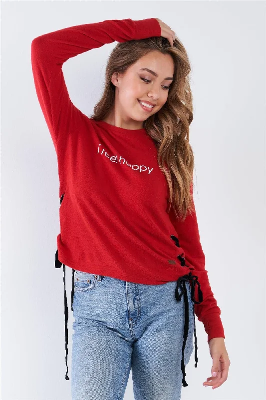 Lake Tops-Barbados "I Feel Happy" Crew Neck Side Lace Up Top