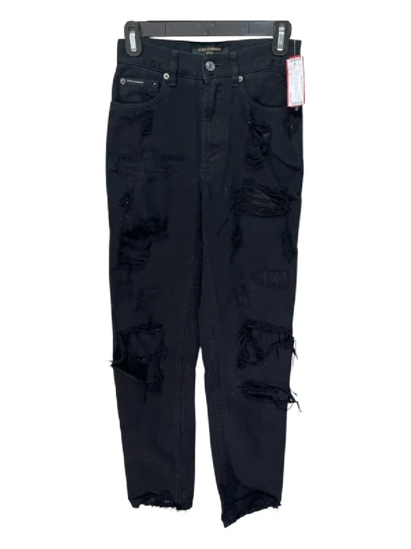 Bottoms with rain boots-Dolce & Gabbana Size 40 Black Cotton Blend High Rise Distressed Tapered Jeans