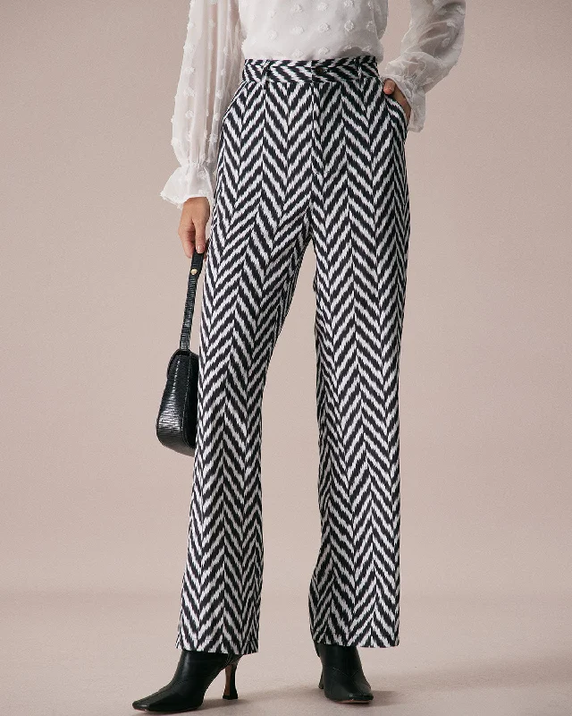 Bottoms with fixed waist-The Grey Wave Pattern Button Straight Pants